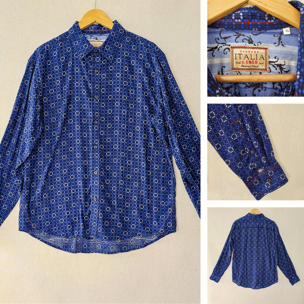 Vintage Italia c 1958 Shirt Mens XL Blue White Cotton Bale Floral Flip Cuffs